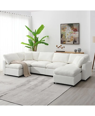 Streamdale Furniture 130" Modular Cloud Sofa Bed, 6-Seat Chenille Sectional Couch with Ottoman & Ottoman