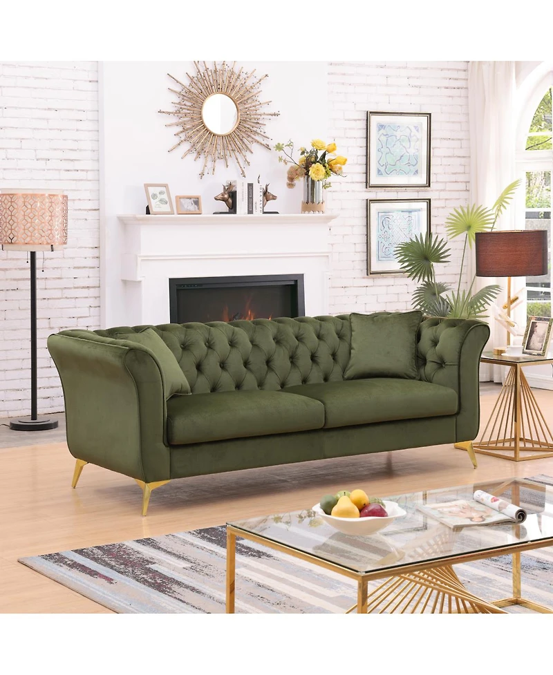 Streamdale Furniture Chesterfield Stanford sofa, green tufted fabric, scroll arm/back loveseater