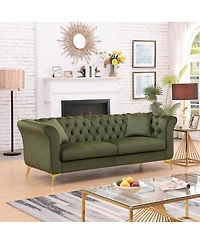 Streamdale Furniture Chesterfield Stanford sofa, green tufted fabric, scroll arm/back loveseater