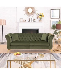 Streamdale Furniture Chesterfield Stanford sofa, green tufted fabric, scroll arm/back loveseater