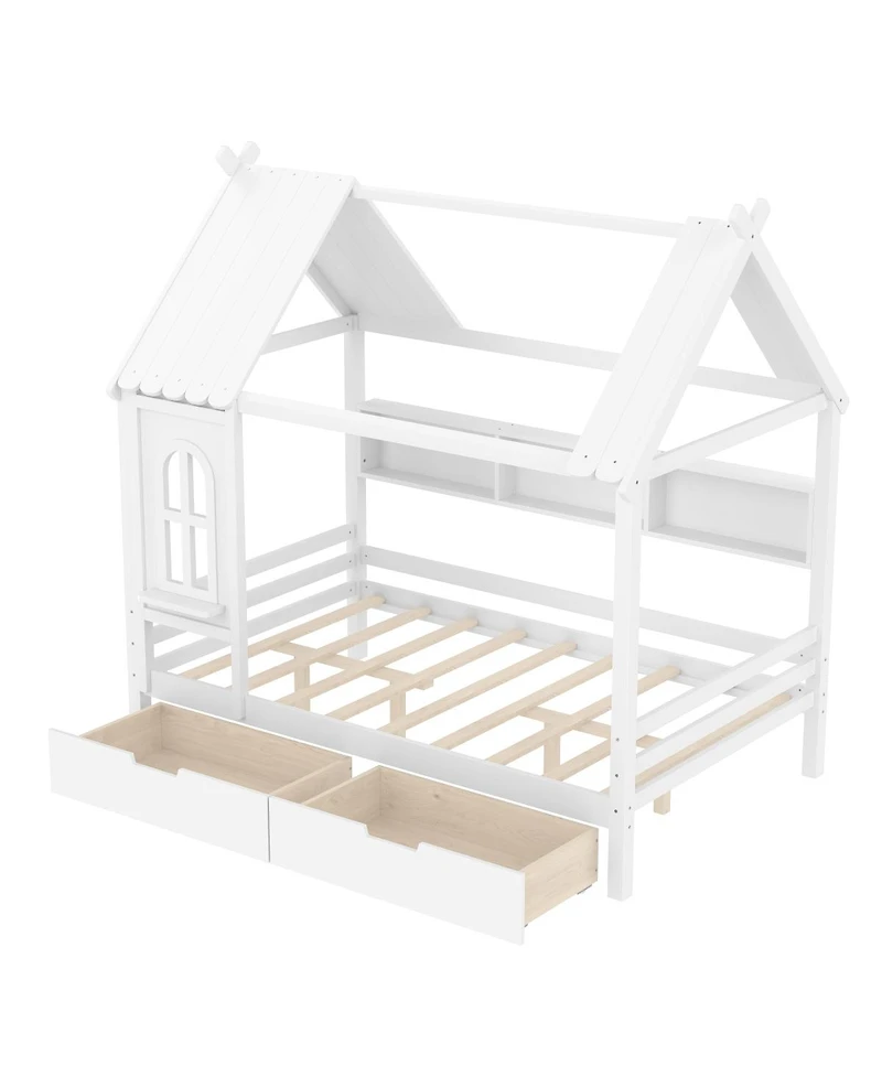Streamdale Furniture Full House Beds with Storage Drawers and Window, Solid Wood House Platform Bed Frame, White