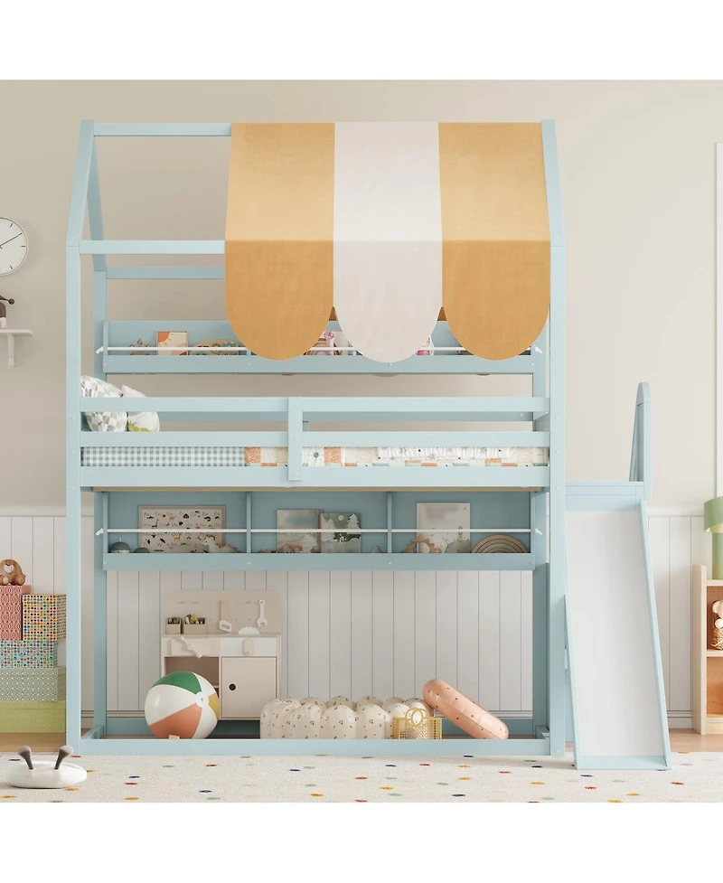 Streamdale Furniture Full house Bed with Canopy, Slide & Built-In Bookshelves