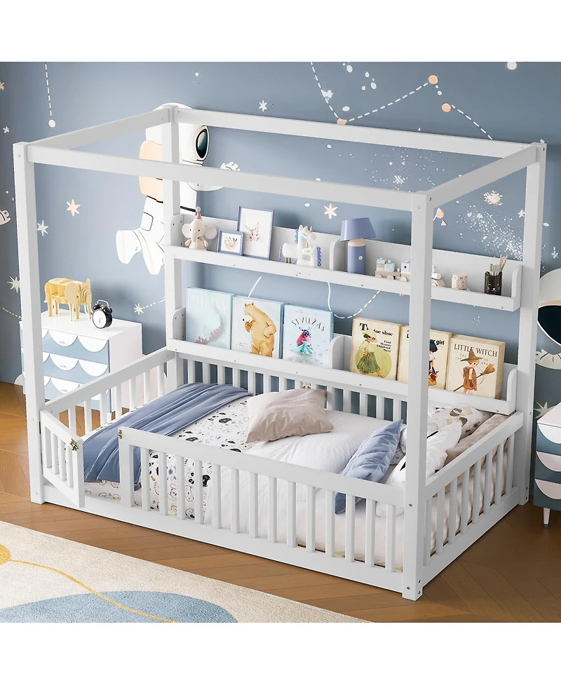 Streamdale Furniture Twin Size Solid Wood Canopy Floor Bed with Guardrails & Shelves - White