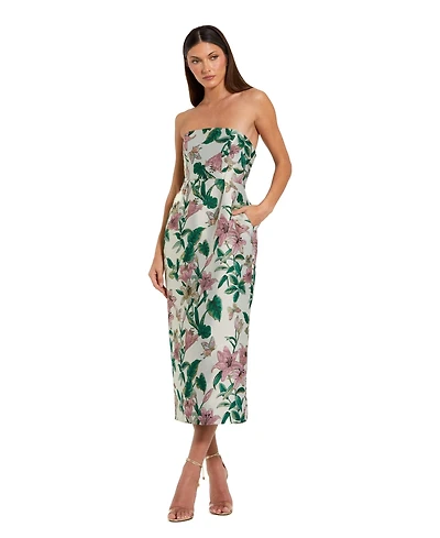 Mac Duggal Petite Floral Brocade Strapless Fitted Midi Dress