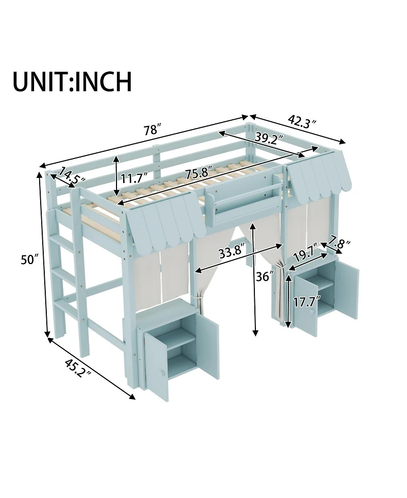 Streamdale Furniture Streamdale Twin Loft Bed with Bookshelf, Curtain, Storage, Playful Design, Blue