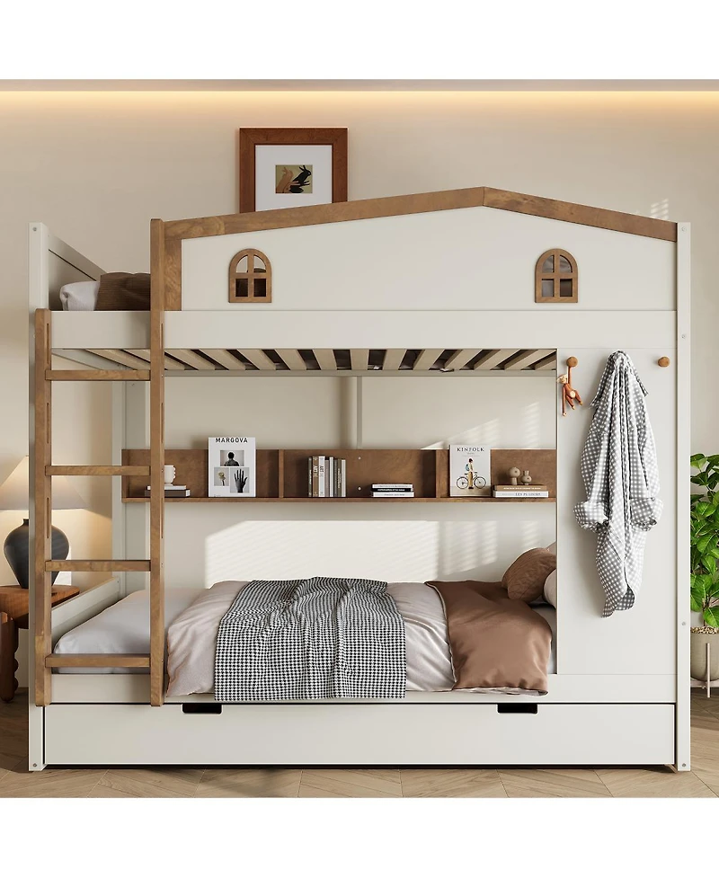 Streamdale Furniture Queen over Bunk Bed with Trundle and Storage, Solid Wood