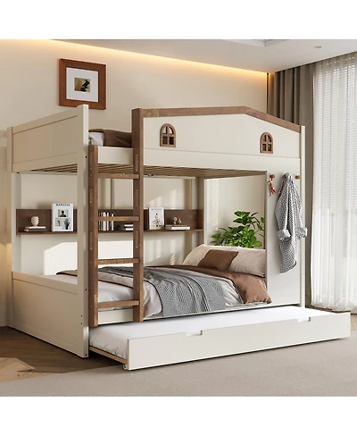 Streamdale Furniture Queen over Bunk Bed with Trundle and Storage, Solid Wood