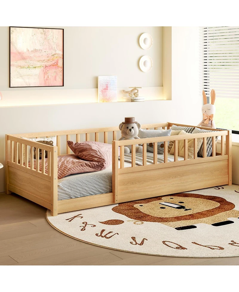 Streamdale Furniture Twin Size Montessori Floor Bed with High Security Barrier and Door, Natural
