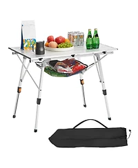 Mecale Roll-Up Folding Camping Table, Adjustable Height Aluminum with Mesh Shelf, Carry Bag