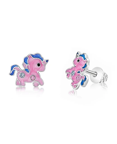 Chanteur/Girl/Unicorn Enamel Crystal White Gold Palladium Plating Screwstud Earring