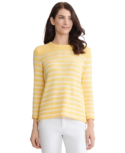 Jones New York Petite Striped Open Crewneck Sweater