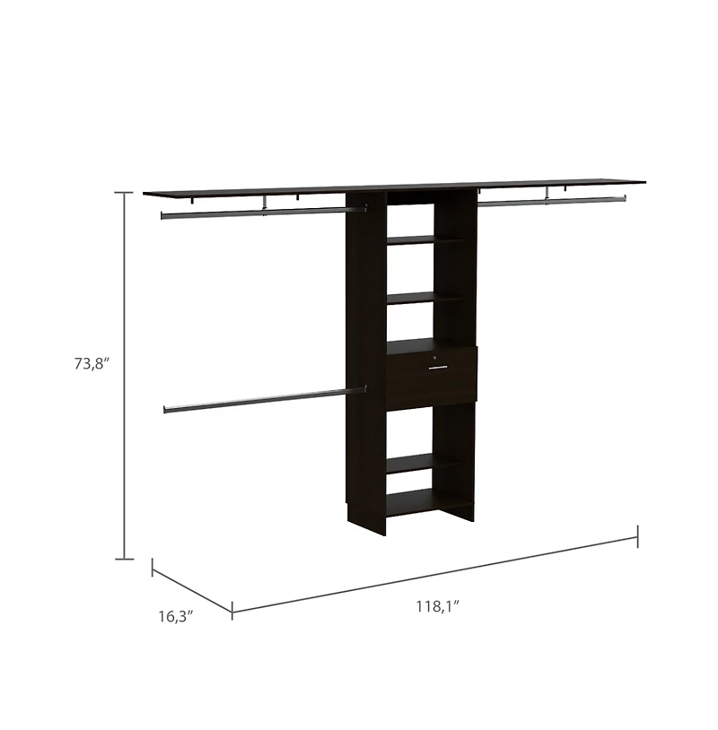 Zamora 70"W - 118"W Closet System, Three Hanging Rods, Five Shelves, One Drawer, Black