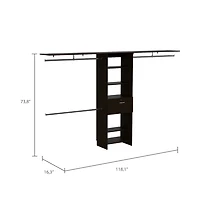Zamora 70"W - 118"W Closet System, Three Hanging Rods, Five Shelves, One Drawer, Black
