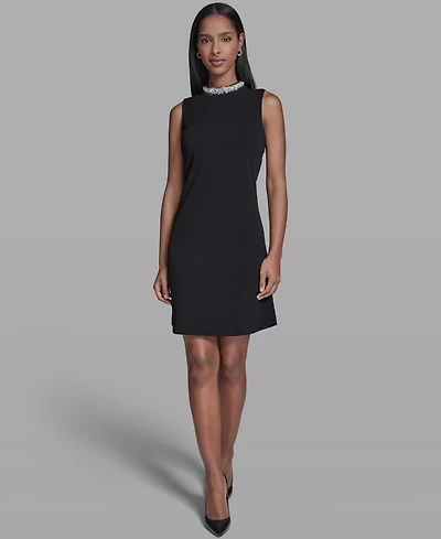 Karl Lagerfeld Paris Women's A-Line Embellished Mock Neck Dress