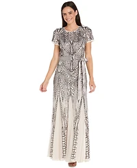 R & M Richards Women's Long Sequin Short-Sleeve Ball Gown