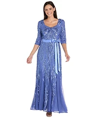 R & M Richards Women's Sequin 3/4-Length Sleeve Ball Gown