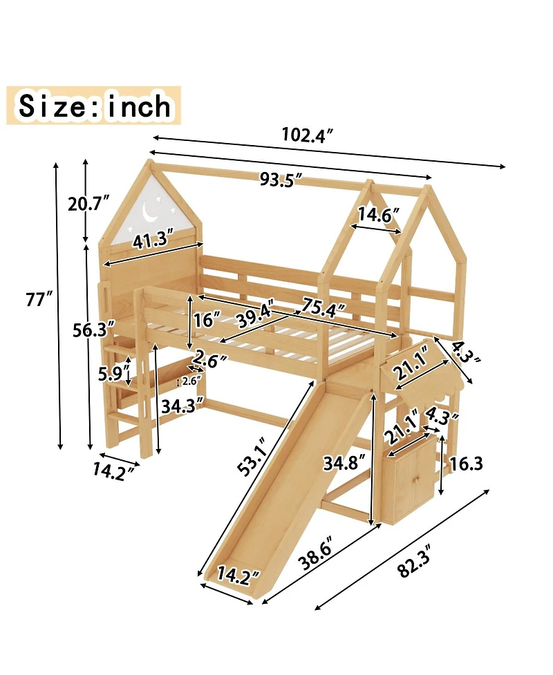 Streamdale Furniture Twin Loft Bed with Bookshelf, Slide, and Playful House Design for Kids