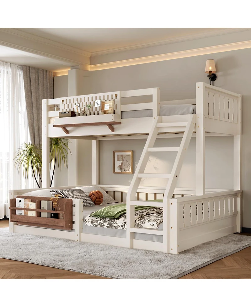 Streamdale Furniture Twin Xl over Queen Bunk Bed with Ladder, Guardrails, Pegboard & Bookshelf