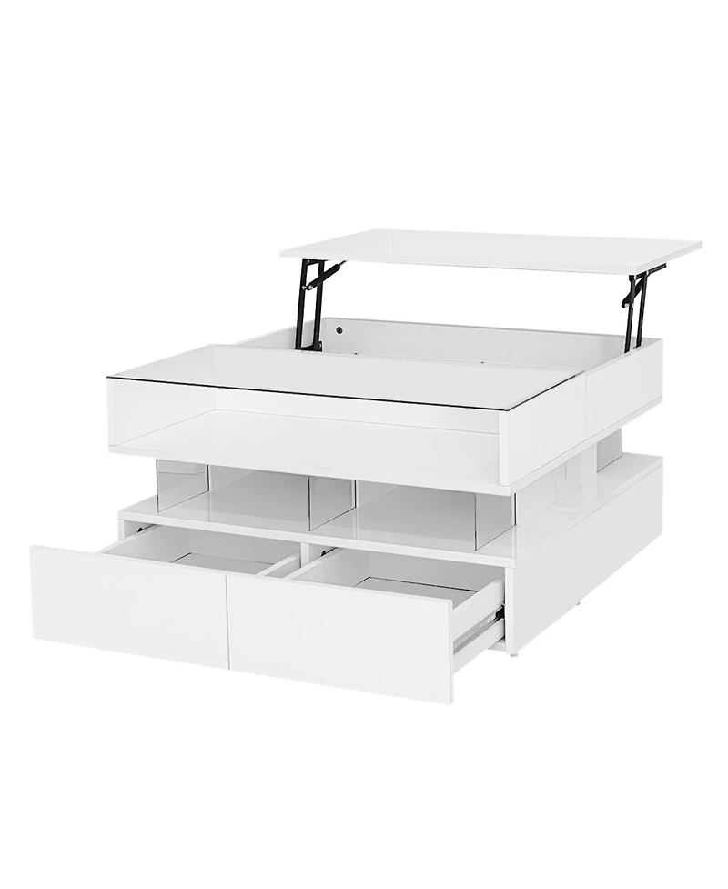 Streamdale Furniture Lift-Top Coffee Table w/ Drawers Glass Top & Led