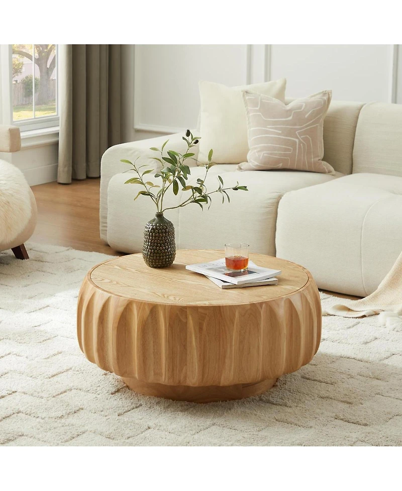 Streamdale Furniture Round Solid Wood Carved Coffee Table with Elegant Sculptural Design
