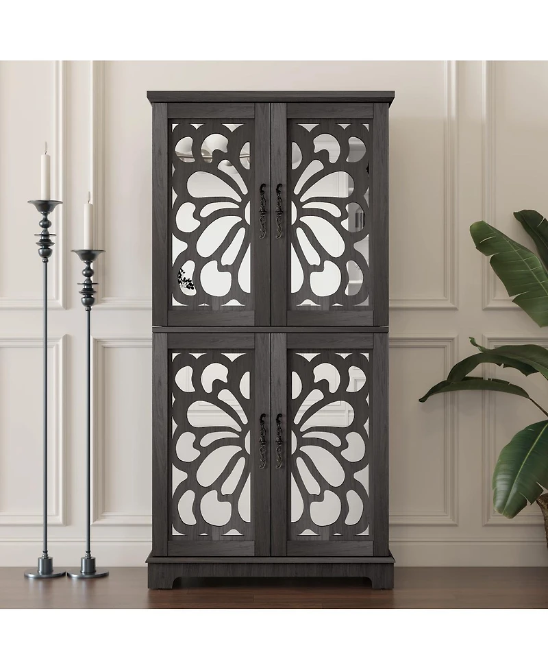 Streamdale Furniture Display sideboard buffet with 4 mirrored doors, adjustable shelves, dark Brown finish