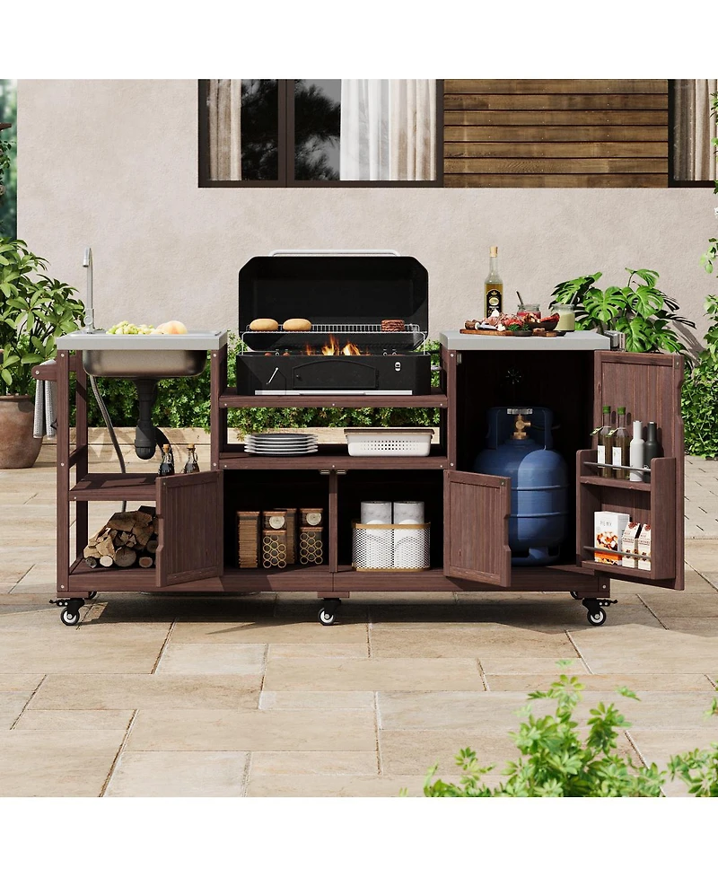 Streamdale Furniture Outdoor Kitchen Island with Sink, Solid Wood Grill Cart for Xl Green Egg, Rolling Bar Cart, Brown