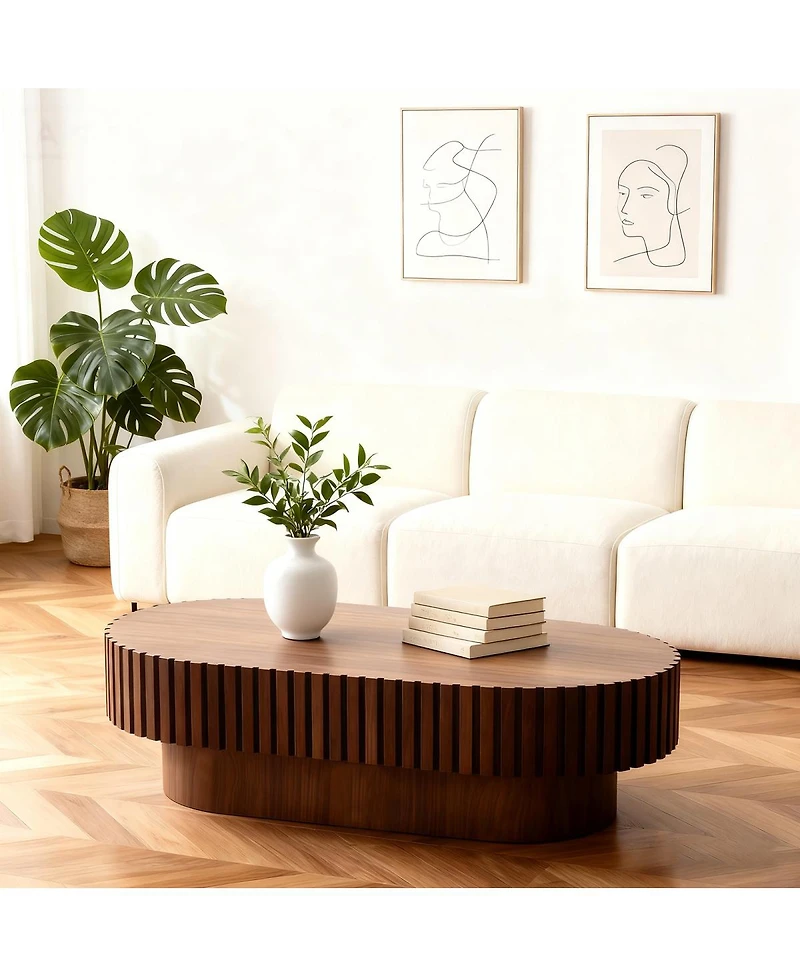 Streamdale Furniture Oval Mid Century Modern Fluted Wood Coffee Table, 43.1" Walnut