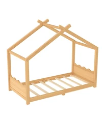 Streamdale Furniture Twin House Floor Bed with Slats, Solid Wood House Bed Frame for Kids