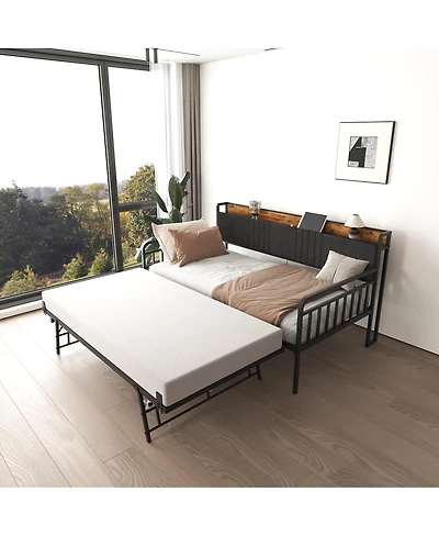 Streamdale Furniture Daybed with Trundle, Metal Twin Bed Frame with Headboard & Charging Station
