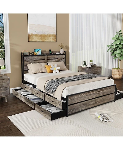 Streamdale Furniture Queen Bed Frame with Storage Headboard & 12 Drawers, Metal Platform