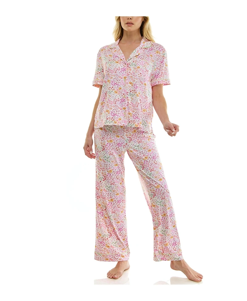 Roudelain Women's Short-Sleeve Shirt and Pants, 2-Piece Pajama Set