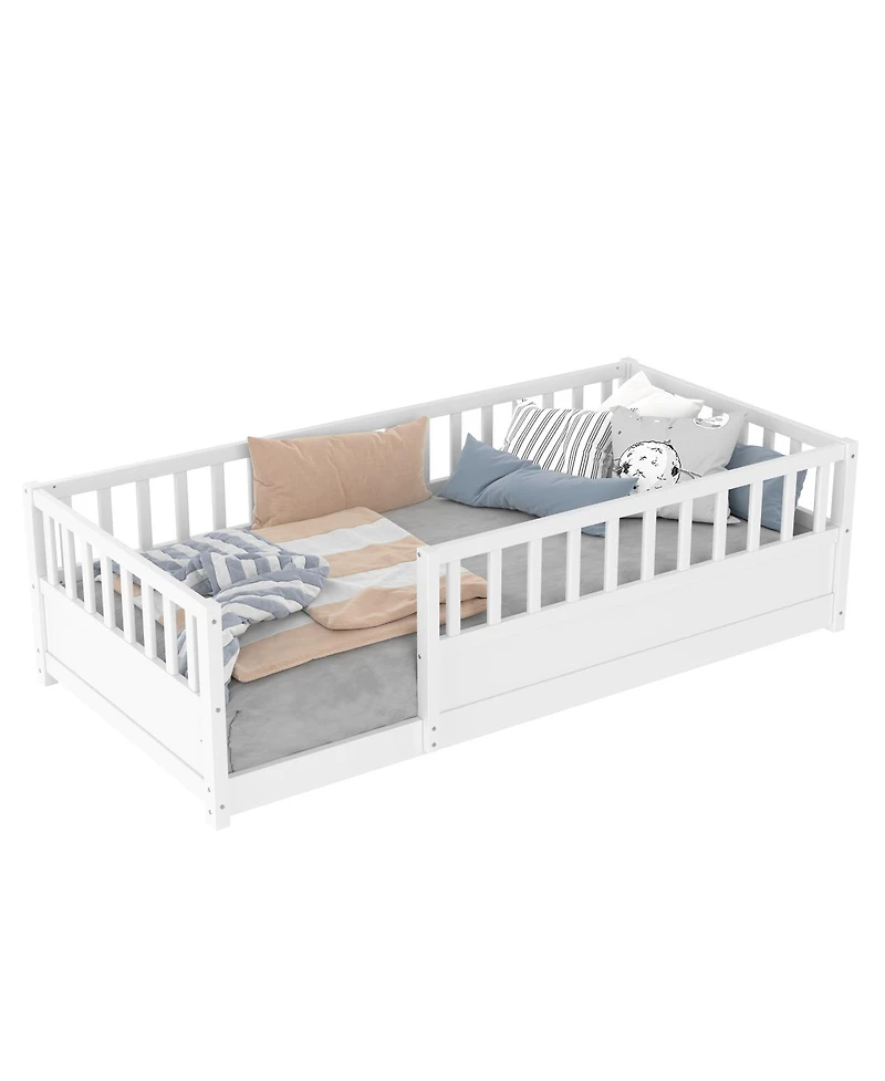 Streamdale Furniture Twin Size Montessori Floor Bed with Security Barrier and Door