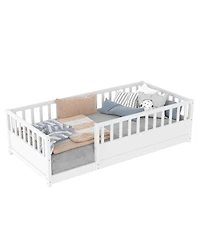Streamdale Furniture Twin Size Montessori Floor Bed with Security Barrier and Door