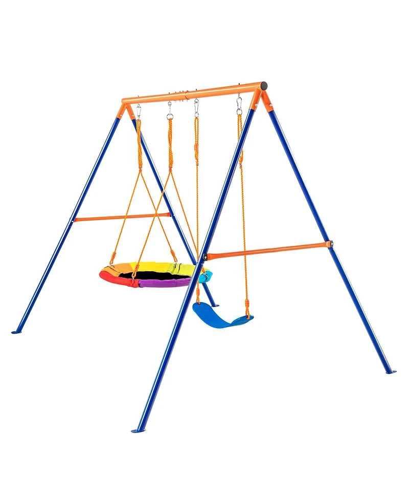 Mecale Backyard Swing Set, 440 lbs Load Capacity, A-Frame Metal Swing Stand with Saucer Swing Seat and Belt Swing Seat, Adjustable Rope