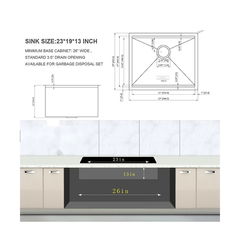 flynama 23inch Undermount Laundry Workstation Sink 16G T304 Stainless Steel Deep Single Bowl 23x19x13inch Utility Tub Sink with Full Accessories
