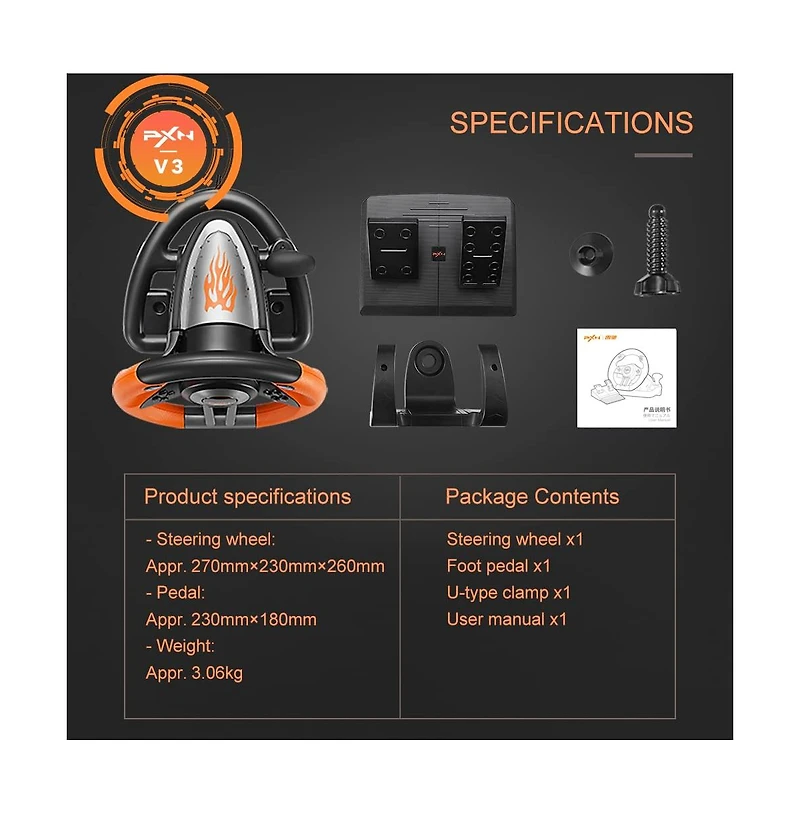 Pxn V3 Pro 180 Usb Orange Racing Wheel With Pedals.