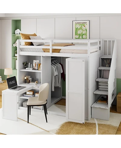 Streamdale Furniture Full Size Loft Bed with Wardrobe, Desk and Shelves