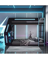 Streamdale Furniture Full-Size Gaming Bunk Bed with Rgb Desk, Usb Ports, Led Strip & Cable Grommet - Green