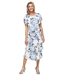Sl Fashions Women's Tea Length Crewneck Tiered Dress