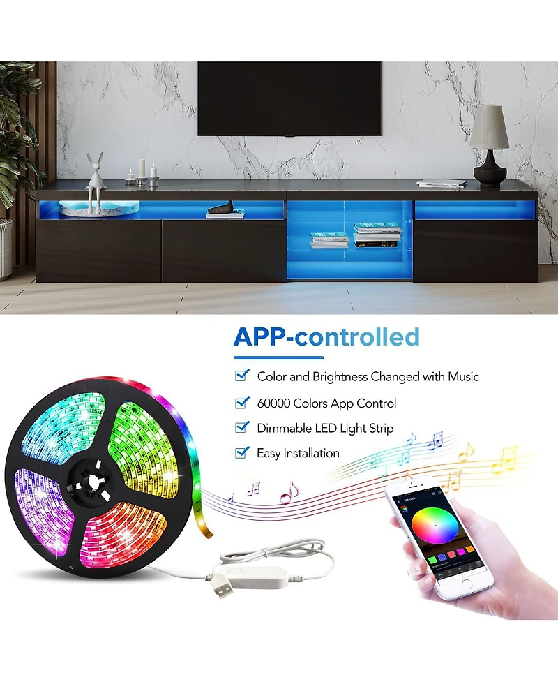 Streamdale FurnitureUnique Design Tv Stand w/ 2 Glass Shelves, Storage, Led Lights