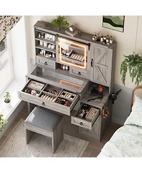 Streamdale Furniture Farmhouse Vanity Desk with Sliding Mirror, Lights, Charging