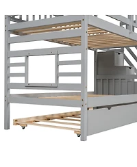Streamdale Furniture Twin over Twin House Bunk Bed with Trundle, Slide, Stairs, Roof, Window