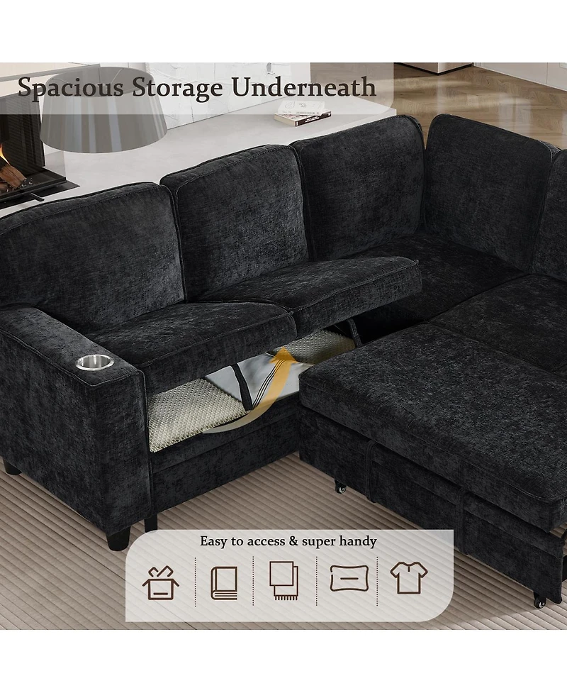 Streamdale Furniture L-Shaped Sofa Bed with Storage & Usb, Charcoal Gray
