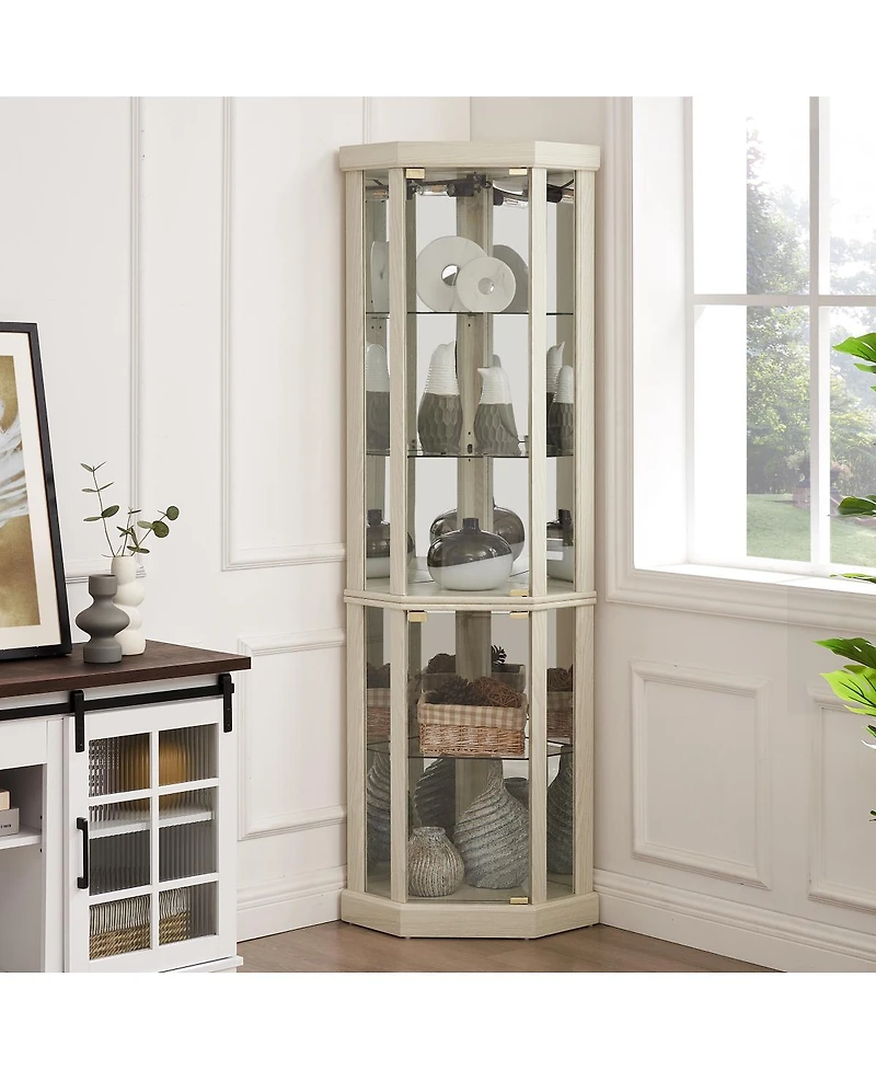 Streamdale Furniture Corner Lighted Curio Cabinet with Glass Storage, Antique White