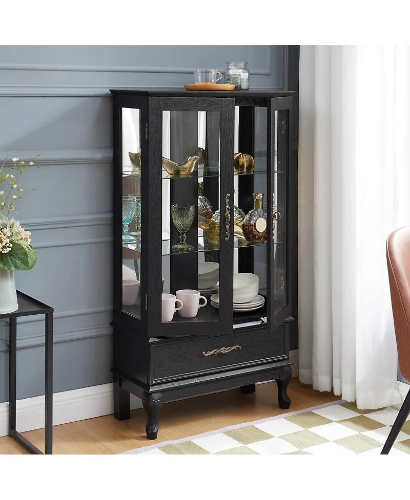 Streamdale Lighted Curio Cabinet with Glass Doors and Adjustable Shelves, Black