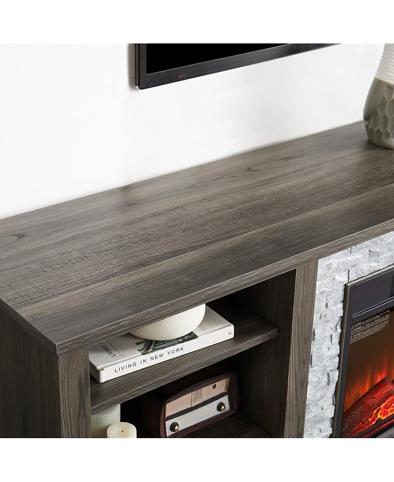 Streamdale Furniture Electric Fireplace Stone Tv Media Stand with Faux Stacked Stone Surround, Gray, 58.31"W