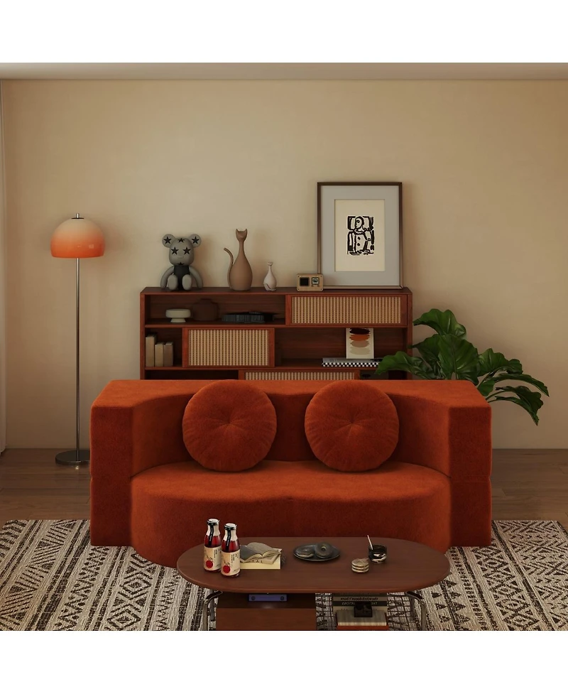 Streamdale Furniture Modern Floor Sofa with 2 Pillows, Convertible Plush Corduroy Sleeper Sofa Bed