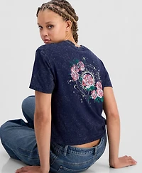 Rebellious One Juniors' Rose Graphic Mineral Wash T-Shirt