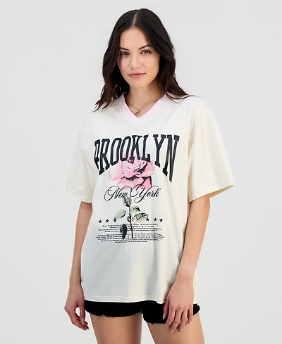 Rebellious One Juniors' Brooklyn Rose V-Neck T-Shirt