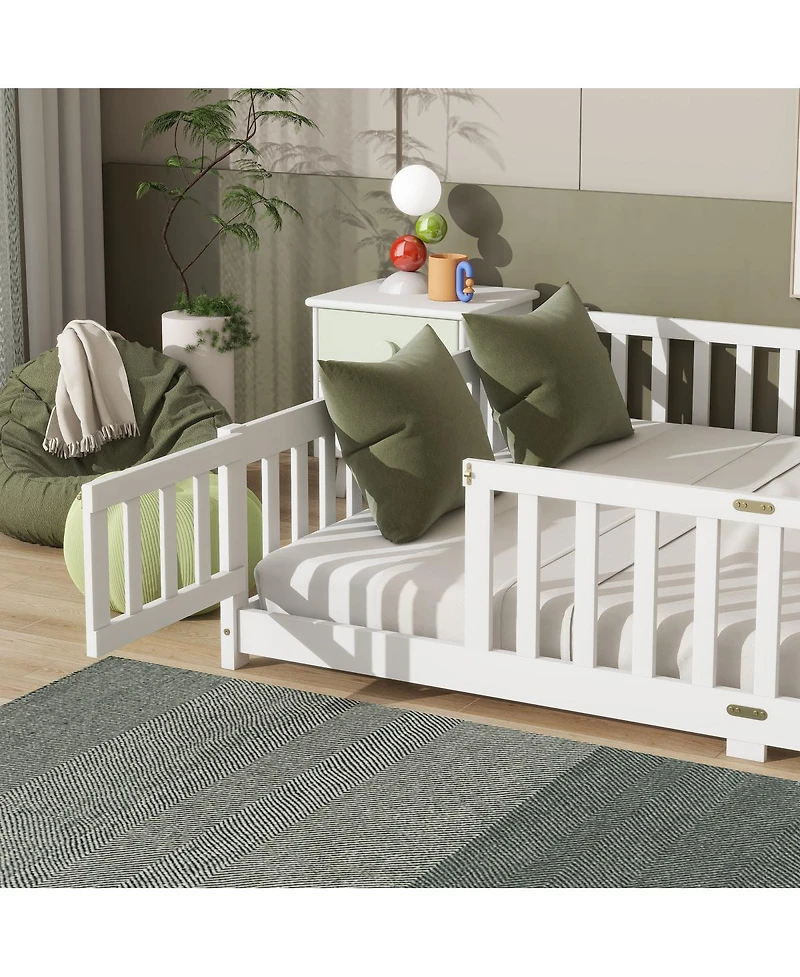 Streamdale Furniture Queen Size Floor Bed with Fence, Door, and Safety Guardrails